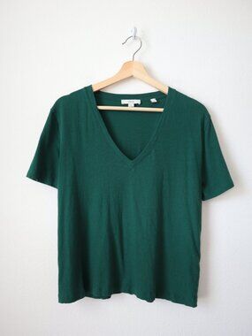 Vince Forest Green Cotton Linen Blend V-Neck Tee | S